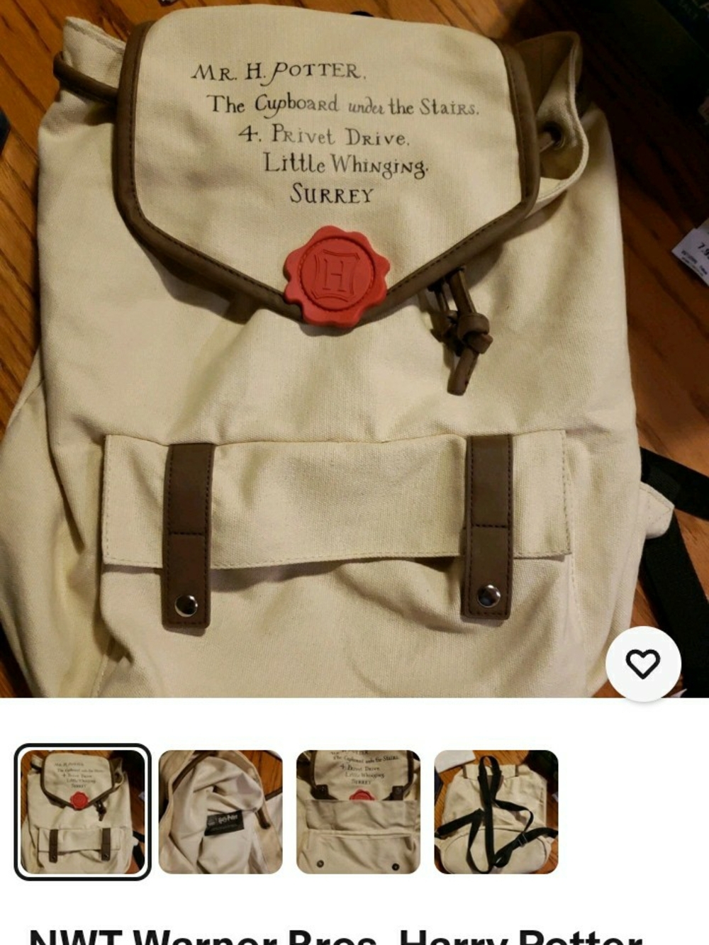 Warner Bros. Cream Canvas Backpack with Brown Trim and Red Seal Accent